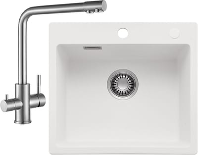 CECIPA max Spoelbak voor keuken 40x45CM - Graniet Spoelbakken Met 3 Wege Keukenkraan - Enkele spoelbak Wit - Met waterafvoersysteem - Voor 40 cm kast