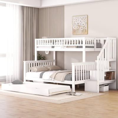 MEUNIQ stapelbed 90 x 200 en 140 x 200 cm met uitrolbed, trap met opbergruimte en lattenbodem, kinderbed voor kinderkamer, wit