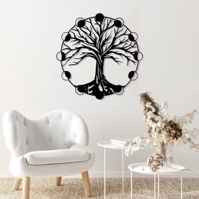 Prachtige Handgemaakte Maanfase Levensboom Metalen Wanddecoratie 60x60 cm Zwart