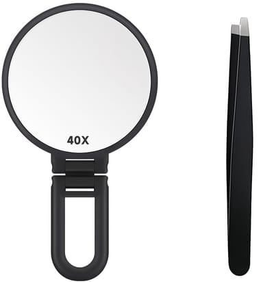 Dailygoods - Vergrootspiegel met handvat en pincet, 40 stuks, dubbelzijdige handspiegel voor make-up, draagbare opvouwbare bureauspiegel voor reizen, vergrote make-upspiegel voor nauwkeurige