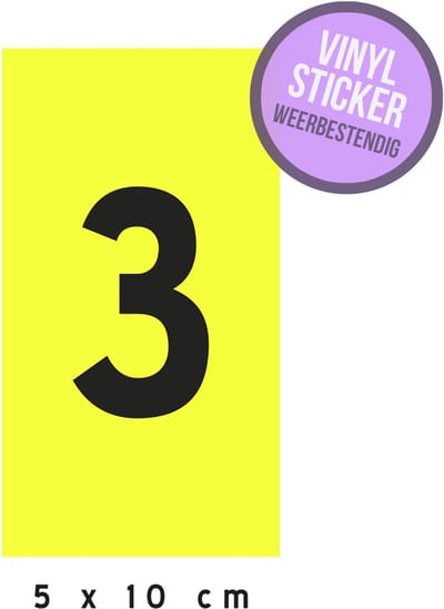 Sticker vinyl/ fluoriserend | Huisnummer "3" | 5 x 10 cm | Fluo | Opvallend | Brievenbus | Straat | Fluor | Nummer | Donker |Weerbestendig | Vochtbestendig | 1 stuk