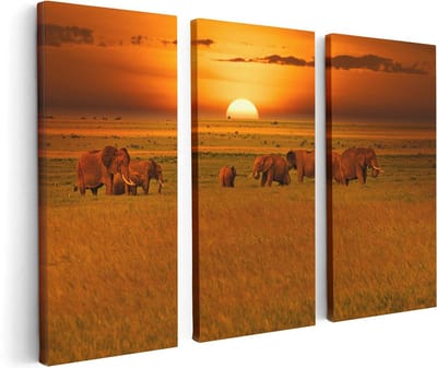 Artaza Canvas Schilderij Drieluik Olifanten In Het Wild - Zonsondergang - 120x80 cm - Wanddecoratie Woonkamer - Schilderijen - Muurdecoratie
