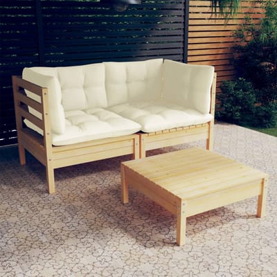 vidaXL - 3-delige - Loungeset - met - crèmekleurige - kussens - grenenhout