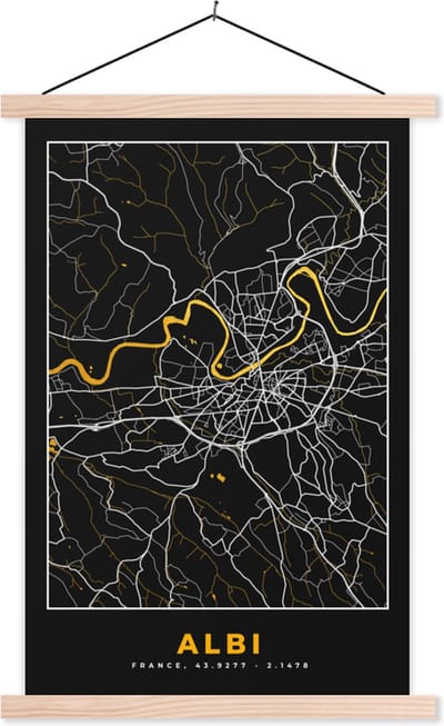 Posterhanger incl. Poster 40x60 cm - Schoolplaat - Kaart - Frankrijk - Stadskaart - Plattegrond - Albi - Textielposter - Blanke latten - Stadskaart