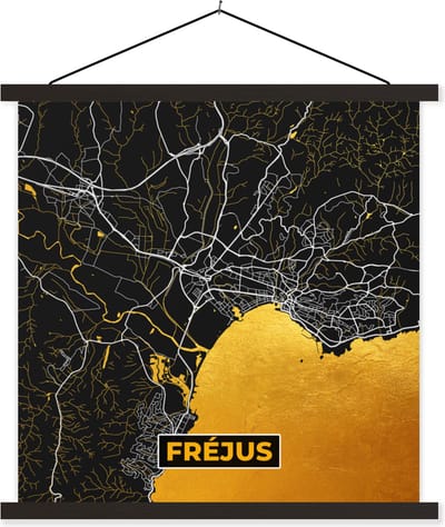 Posterhanger incl. Poster 60x60 cm - Schoolplaat - Frankrijk – Plattegrond – Kaart – Fréjus – Stadskaart - Textielposter - Zwarte latten - Stadskaart