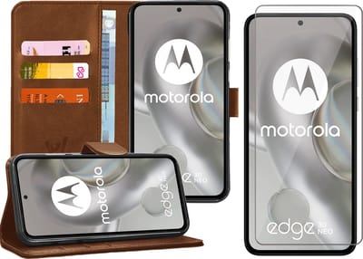 Hoesje geschikt voor Motorola Edge 30 Neo - Screenprotector Glas - Portemonnee Book Case Bruin