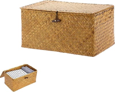 Handgeweven rieten opbergmand met deksel - Seagrass mand voor speelgoed, kleding en huisorganisatie (M, Oranje)