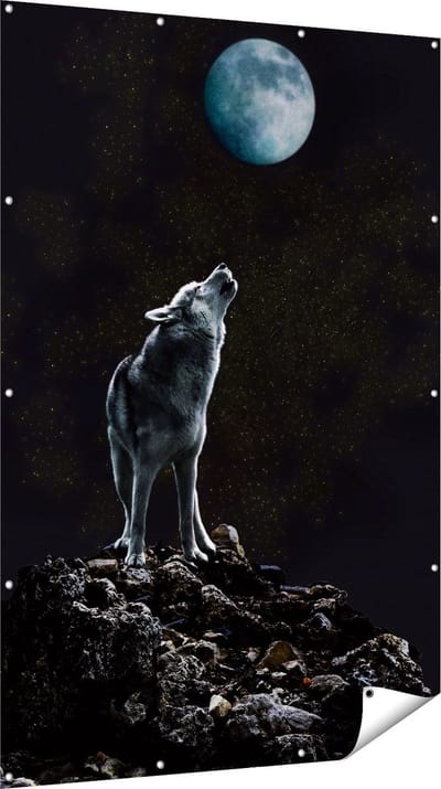 Gards Tuinposter Wolf Huilt naar de Volle Maan - 120x180 cm - Tuindoek - Tuindecoratie - Wanddecoratie buiten - Tuinschilderij