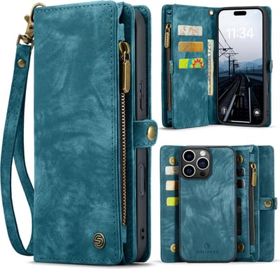 Geschikt Voor iPhone 16 Pro Hoesje - Solidenz Wallet Case 16 Pro - Telefoonhoesje 16 Pro - 16 Pro Case Met Pasjeshouder - Met Ritsvak - Met Polskoord - Portemonee Hoes - Blauw