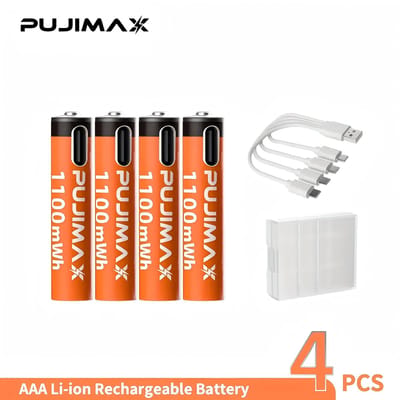 Pujimax AAA 1.5V Oplaadbare Li-ion Batterij 1100mWh Hoge Capaciteit Voor AB, Game Controller, Muis, Speelgoed met USB-C Kabel (4stuks)