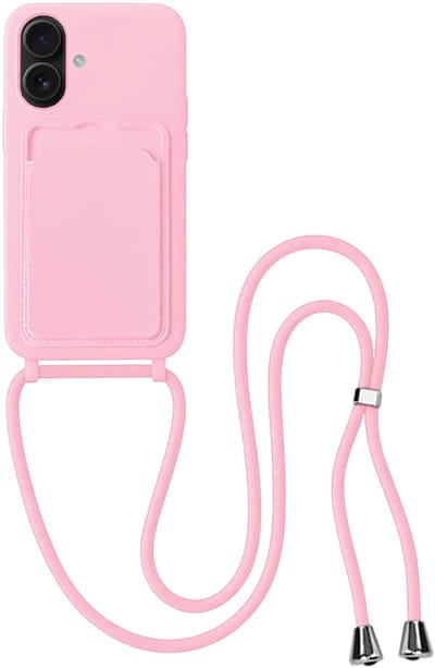 Hoes Geschikt voor iPhone 16 Plus Hoesje Pas Houder Case Hoes Met Koord - Hoesje Geschikt voor iPhone 16 Plus Hoes Met Telefoonkoord Pasjeshouder Cover - Lichtroze