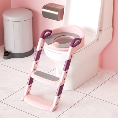 WC Verkleiner met Trapje - Toiletbril - Toiletten Opvouwbare Kindertoiletbril - Verstelbare Toilettrainer met Trap & Handgrepen - Zacht Kussen - Anti-Spatter & Anti-Slip - Roze