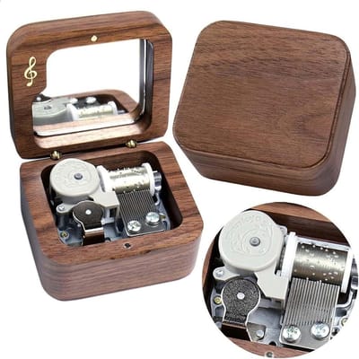 Houten Muziekdoos - Vintage Decoratie - Muziek Afspelen - Sankyo Beweging - 7.1 x 6.6 x 4.1cm - Walnoot