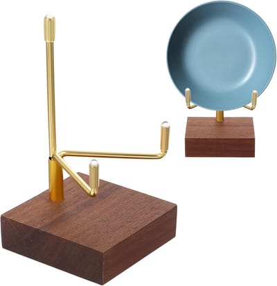 Verstelbare metalen displaystandaard met walnootbasis, ideaal voor easels en kristallen, perfect voor het tonen van geoden, fossielen en stenen in huisdecoratie