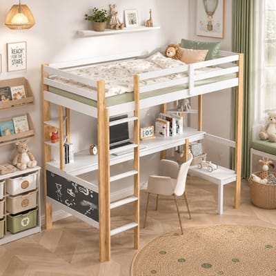 Hoogslaper stapelbed 90x200 cm met Bureau, Kinderbed met opbergruimte, valbeveiliging, trapje, Stapelbed voor Kinderen, Tieners, massief hout, Wit