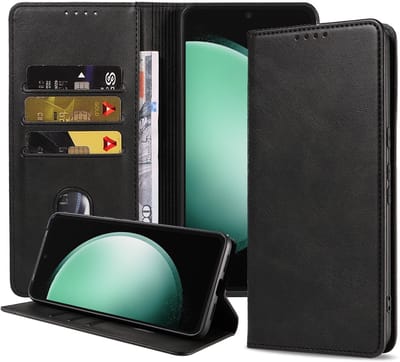 Smartphonica Telefoonhoesje Geschikt voor Samsung Galaxy S23 FE Kunstleer met Magnetische sluiting en Pasjeshouders Bookcase met Klepje - Zwart geschikt voor Samsung Galaxy S23 FE