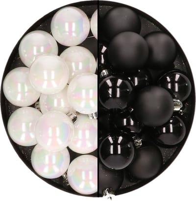 32x stuks kunststof kerstballen mix van parelmoer wit en zwart 4 cm - Kerstversiering