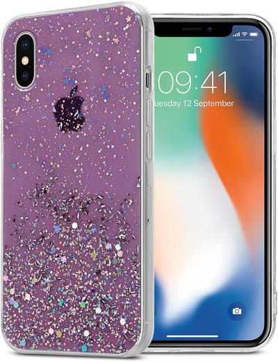 Cadorabo Hoesje geschikt voor Apple iPhone X / XS in Paars met Glitter - Beschermhoes van flexibel TPU silicone met fonkelende glitters Case Cover Etui