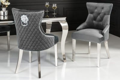 Elegante stoel CASTLE DELUXE grijs fluwelen leeuwenkop Chesterfield design eetkamerstoel klinknagels - 40471