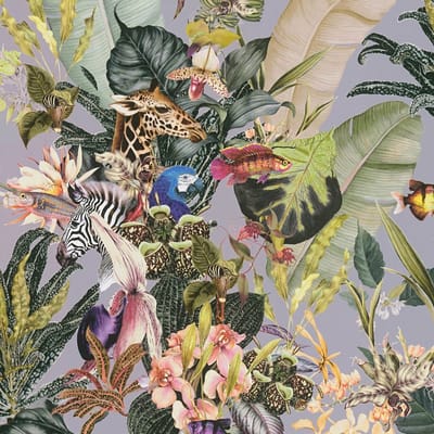 Dieren patroon behang Profhome 381762-GU glad vliesbehang zonder structuur in jungle stijl mat purper groen geel blauw 5,33 m2