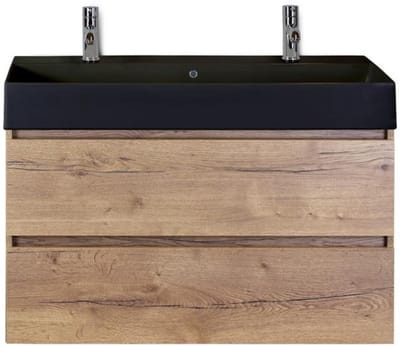Maxx XL Badmeubelset 100 cm - Natuur Eiken - Wastafel Kube Zwart 2 Kraangaten