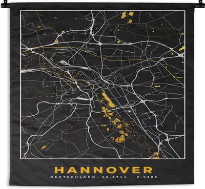 Wandkleed - Wanddoek - Hannover - Goud - Stadskaart - Plattegrond - Kaart - Duitsland - 180x180 cm - Wandtapijt