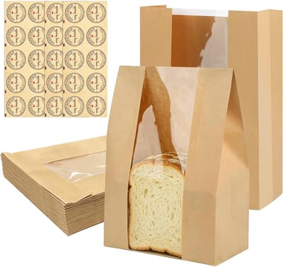 30 papieren broodzakken met venster, vetbestendige zakken voor zuurdesembrood, koekjes en snacks, 9,25x4,7x2 inch