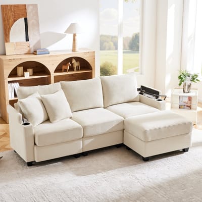 Sweiko Hoekbank - 3-zitsbank - met Voetenbank - Bekerhouders - USB-oplader - 2 kussens - Beige