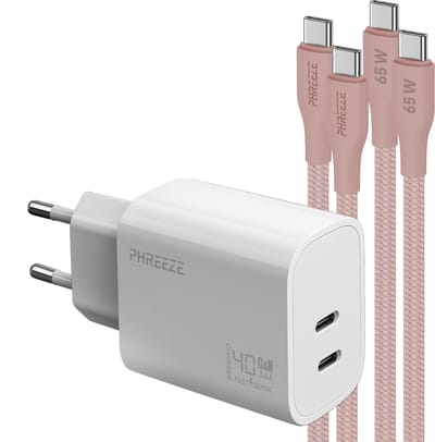 Phreeze usb C snellader 40 W - Power adapter met 2 usb C naar usb C kabels 1m roze - Voor laptop en powerbank