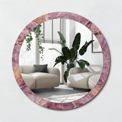 Wallfluent Bedrukte Ronde Spiegel - Ronde Wandspiegel Decoratieve Print Imitatiemarmer - 100 cm / 86 cm - Gouden - Gouden Ronde Spiegel Met Bedrukte Lijst - Badkamerspiegel - Gangspiegel - Eetkamer - Hangspiegel