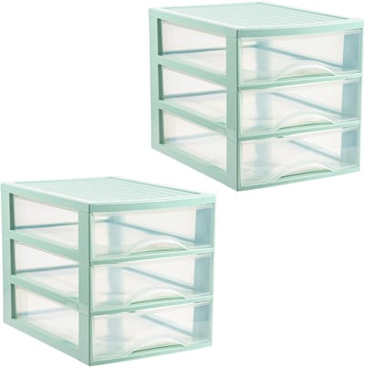 Plasticforte Ladekastje bureau organizer - 2x - 3 lades - groen/transparant - L26 x B35 x H27 cm - kunststof