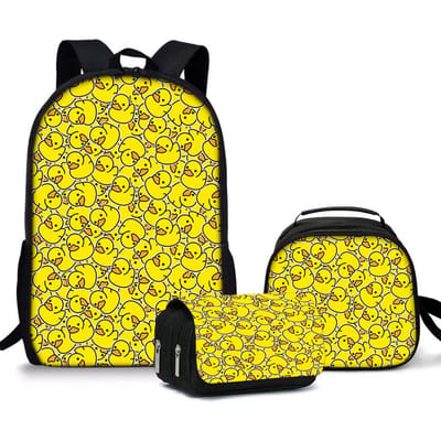 3 Stuks Set Gele Eend Ronde Lunchtassen, Klap Potloodtassen, Schooltassen voor Jongens/Meisjes Beste Cadeaus 2D Cartoon Rugzak voor Kinderen yellow