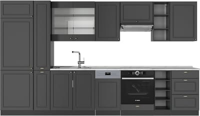 Vicco Fame-Line Complete keukeneenheid – 355 cm, WB Marmer Anthrazit-Gold Landhaus