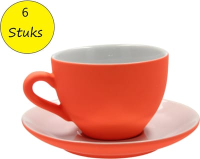 Present Time Theekopje met Schoteltje Porselein Rubber Coated Ceramic – Set 6 Stuks – Silk Neonoranje
