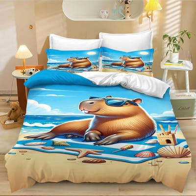 Schattig Capibara Dekbedovertrek Eenpersoons, Kawaii Dier Grappig Wilde Dieren Knaagdier Groen Bruin Slaapkamer Decor Quilt Overtrek Set voor Kinderen 135x200cm blue