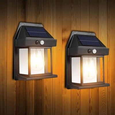 SnelShoppen - Buitenverlichting op zonne-energie, 2 Waterdichte Wandlantaarns met Bewegingssensor, 3 Modi, IP65 Tuinverlichting, Zwart voor Terras, Ve