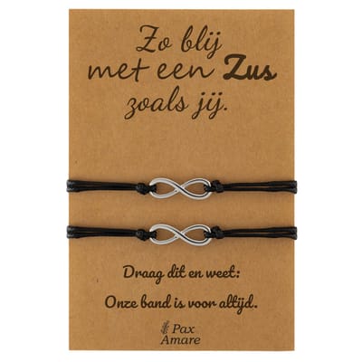 Vriendschapsarmbandjes voor 2 "Zo blij met een zus zoals jij" - Oneindigheidsteken - Sisters Armbandjes met Cadeau Kaartje - Zilverkleurig - Elastisch Verstelbaar - Pax Amare