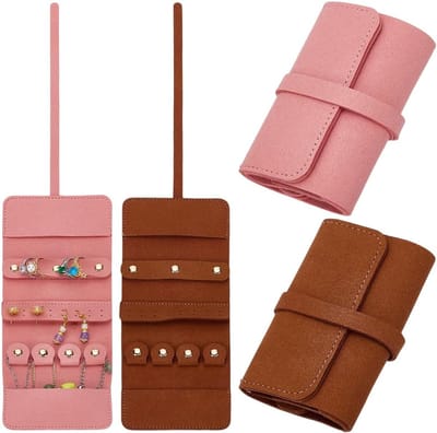 Famanu – 2 kleuren Travel Jewelry Organizer Roll DraagbareSieraden Pouches Compact Opvouwbaar Sieraden Case voor Oorbellen Ringen Kettingen Armbanden - Bruin/Roze