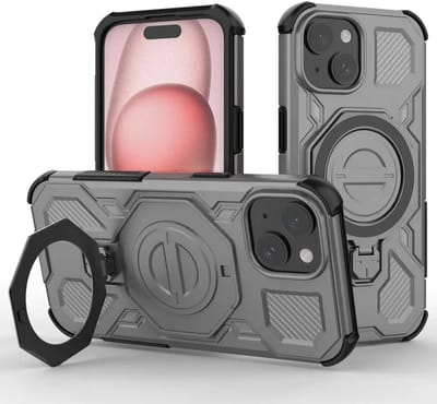 Hoesje geschikt voor Apple iPhone 15 | Compatibel met MagSafe / Qi2 | 360° Draaibare Magnetische Standaard | Back Cover Kickstand Ring | Grijs