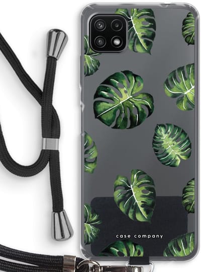 Case Company® - Hoesje met koord geschikt voor Samsung Galaxy A22 5G hoesje met Koord - Tropische bladeren - Telefoonhoesje met Zwart Koord - Bescherming aan alle Kanten en Over de Schermrand