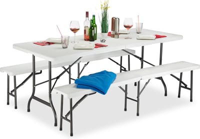 biertafelset opvouwbaar - 1 tafel en 2 banken - 74 x 180 x 74,5 cm - wit