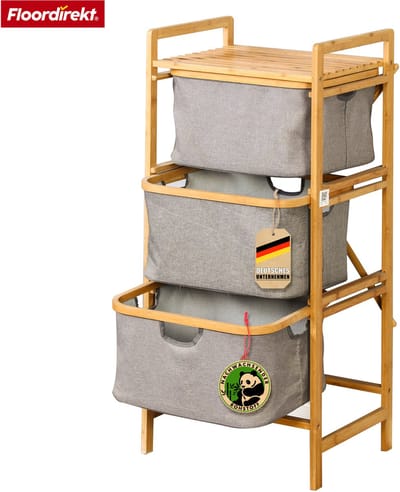FLOORDIREKT Wasmand Missouri - Bamboe Wasverzamelaar - Met 3 Vakken - Voor Vuile Was - Houten Wassorteerder Met Wasbox - Grijs & Bamboe-Kleuren