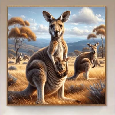 diamond painting kangeroes op het veld met een moeder met jong in de buidel 40 x 40 cm