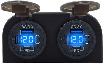 ProRide 12V USB C Stopcontact 6 Poorten met Schakelaar/Voltmeter - Tweevoudig Opbouw - QC3.0 - USB C Autolader, Boot en Camper - Blauw