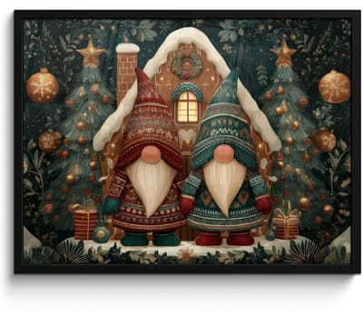 Poster in lijst - Fotolijst 80x60 cm - Posters - Kerst - Gnomen - Peperkoekhuisje - Rood - Groen - Posterlijst zwart - Decoratie - Wanddecoratie woonkamer - Muurdecoratie slaapkamer - Kerstversiering - Kerstdecoratie voor binnen - Kerstmis