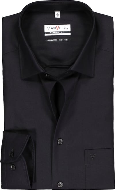 MARVELIS comfort fit overhemd - zwart - Strijkvrij - Boordmaat: 47