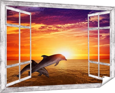 Gards Tuinposter Doorkijk Twee Dolfijnen bij de Zonsondergang - 180x120 cm - Tuindoek - Tuindecoratie - Wanddecoratie buiten - Tuinschilderij