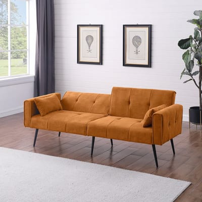MODENUIT Slaapbank - Opvouwbaar Met Rugleuning En Metalen Poten - Voor Woonkamer En Studeerkamer - Stof Oranje
