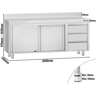 GGM Gastro Edelstahl Arbeitsschrank ECO - 2000x700mm - mit 3 Schubladen rechts & Aufkantung Zilver