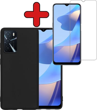 Hoesje - Met Screenprotector - Geschikt voor OPPO A16 - Sterk & Shockproof - Telefoon Hoes - Back Cover - Siliconen Case - Telefoonhoes - Zwart